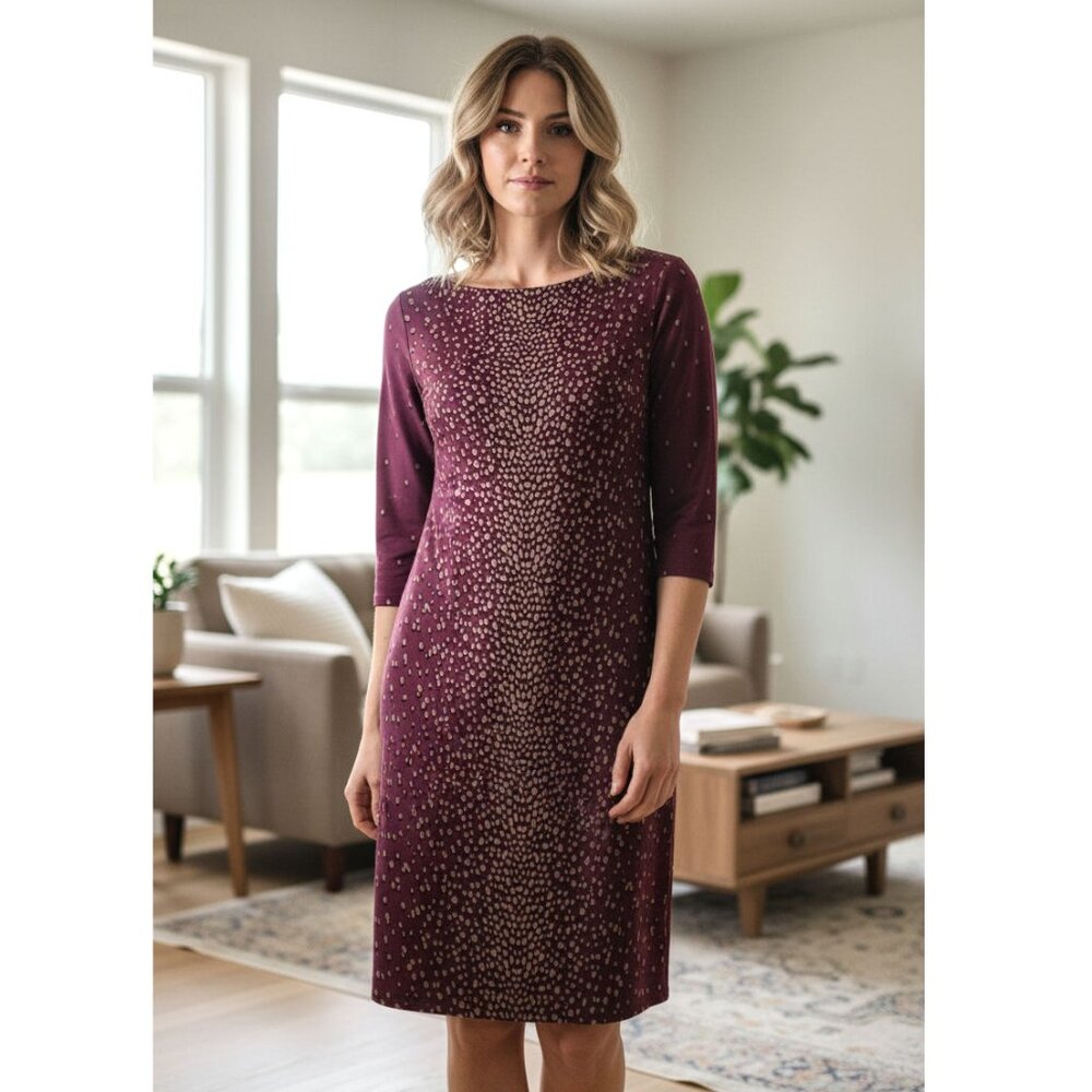 Leota polka dot purple shift dress, women's 3/4 sleeved, NWOT